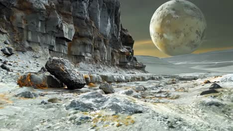 a large white moon sitting on top of a rocky landscape