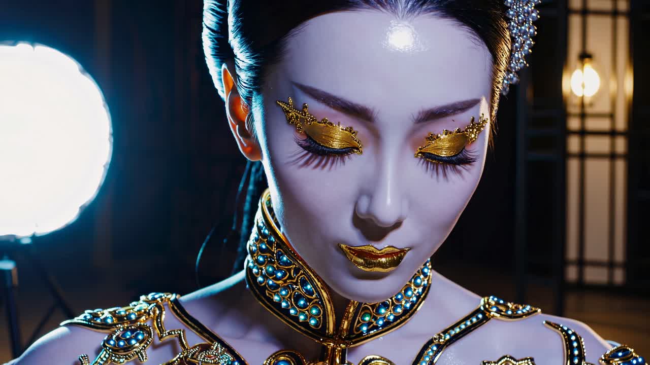 Asian Woman in Gold and Blue Costume