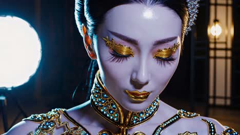 asian woman in gold and blue costume