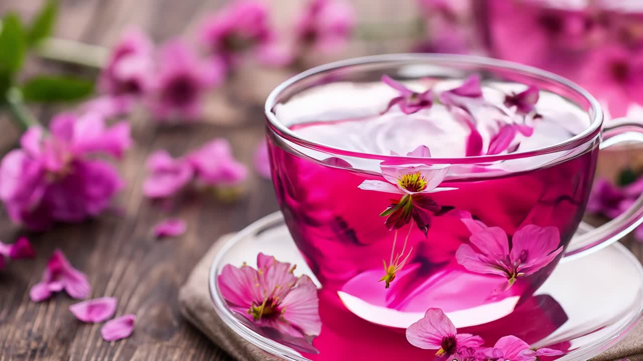 Delicate pink herbal tea brewing with soft flower petals gently cascading into transparent cup, resting on rustic wooden surface, embodying relaxation and wellness