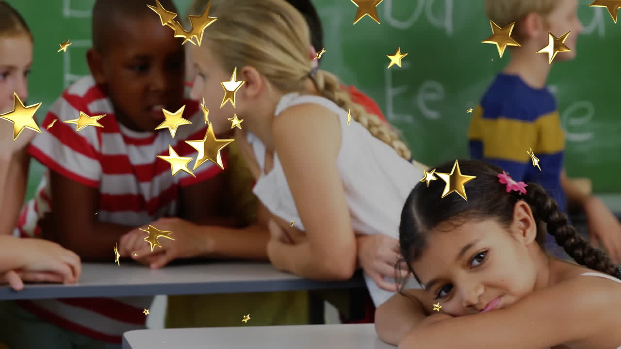 In school, children in classroom with golden stars animation overlaying scene