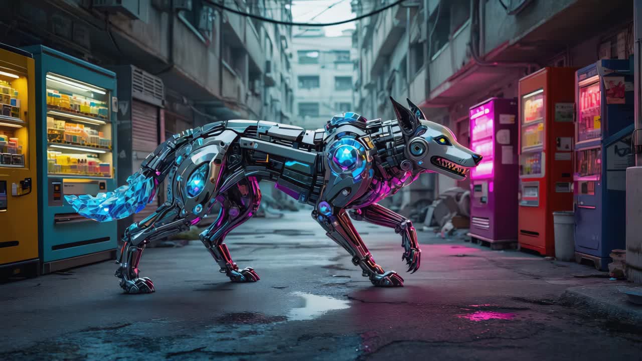 Cybernetic Wolf in Futuristic Alley