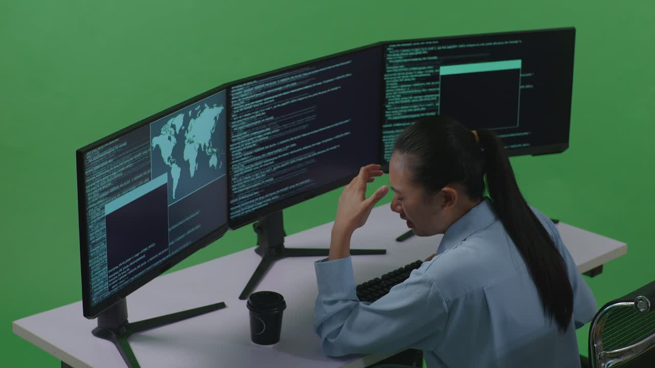 Side View Of Asian Woman Developer Having Headache While Write Code With Multiple Computer Screens In Green Screen Studio