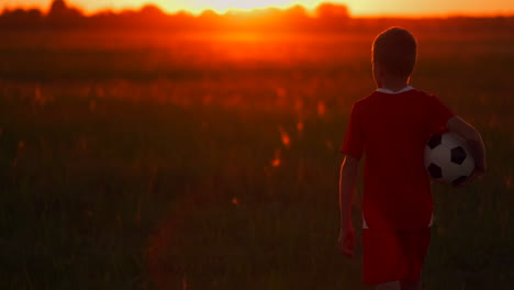 the boy is on the field with the ball in his hands looking at the sunset and dreaming of a football career. the camera follows the boy.