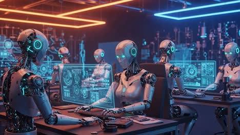 a futuristic workspace featuring highly advanced humanoid robots interacting with holographic displays in a high-tech environment filled with digital interfaces and innovation