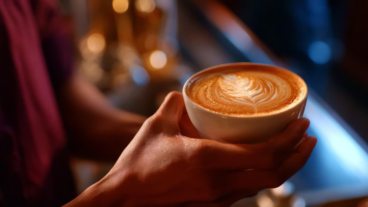 Artistic Latte Art: A Close-Up of a Person Holding a Beautifully Crafted Cappuccino with Intricate Foam Design Against a Cozy Coffee Shop Background
