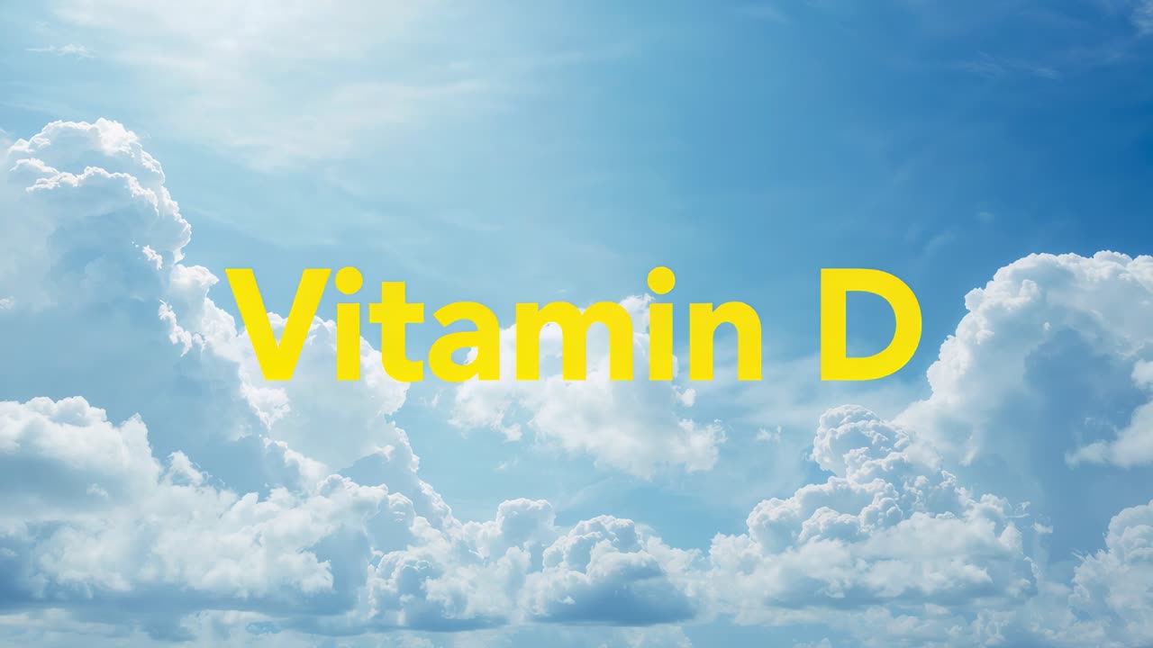 Glowing Vitamin D title reacting to left flare to highlight text, brightening dimming over clouds