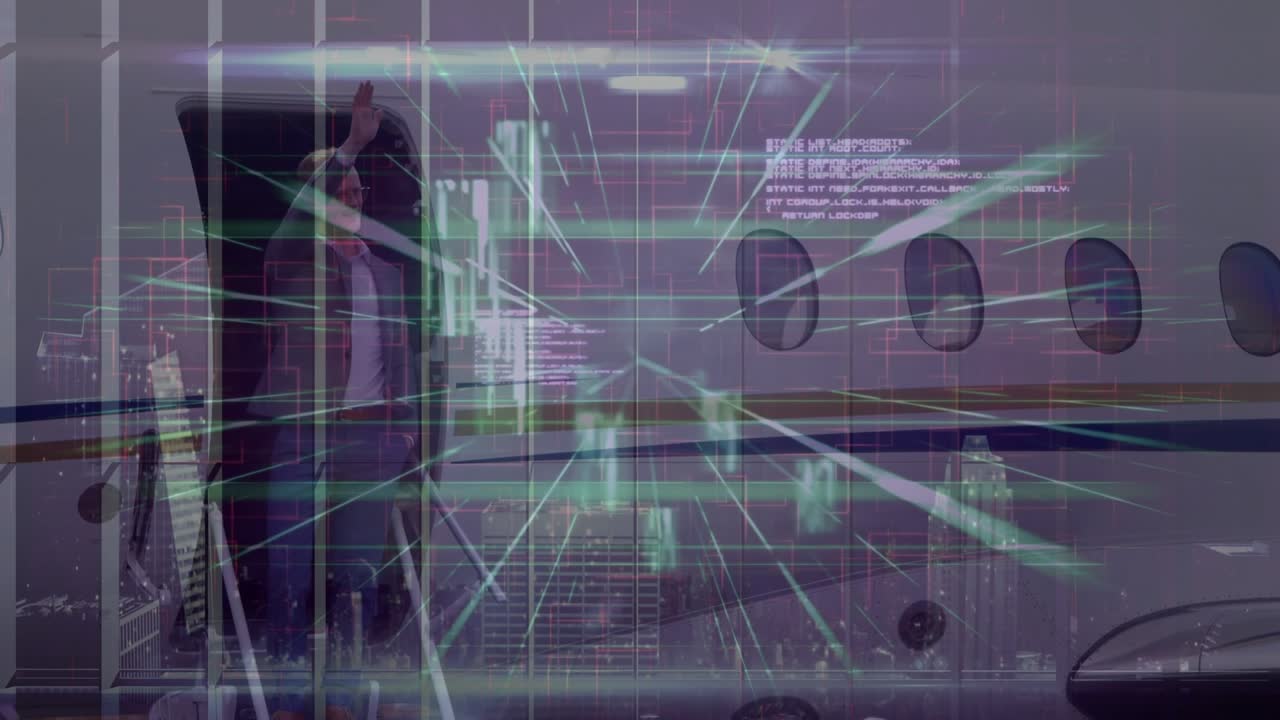 Animation of data processing over caucasian businessman waving hand