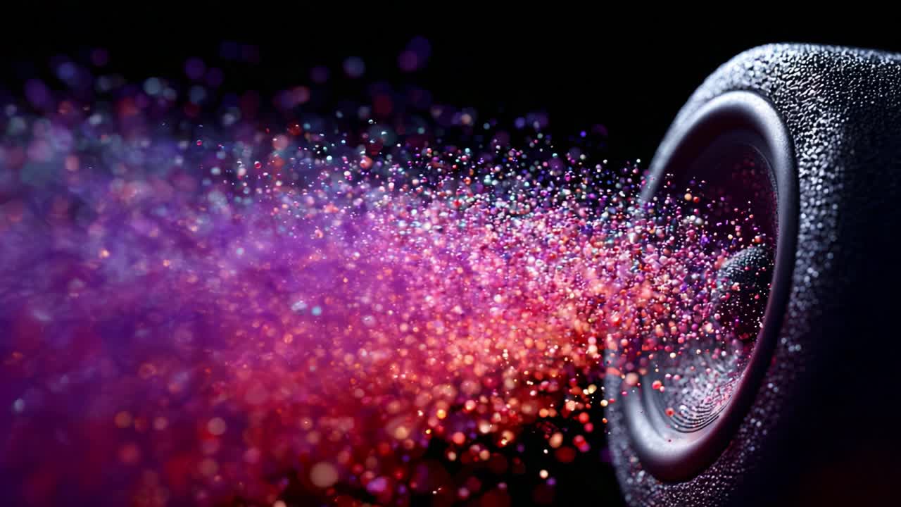 A mesmerizing display of vibrant colors emanating from a speaker, showcasing the dynamic interaction between sound waves and visual art, merging audio and visual experiences seamlessly