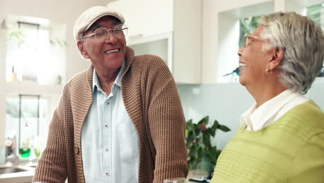 elderly couple enjoying conversation and wine in the kitchen