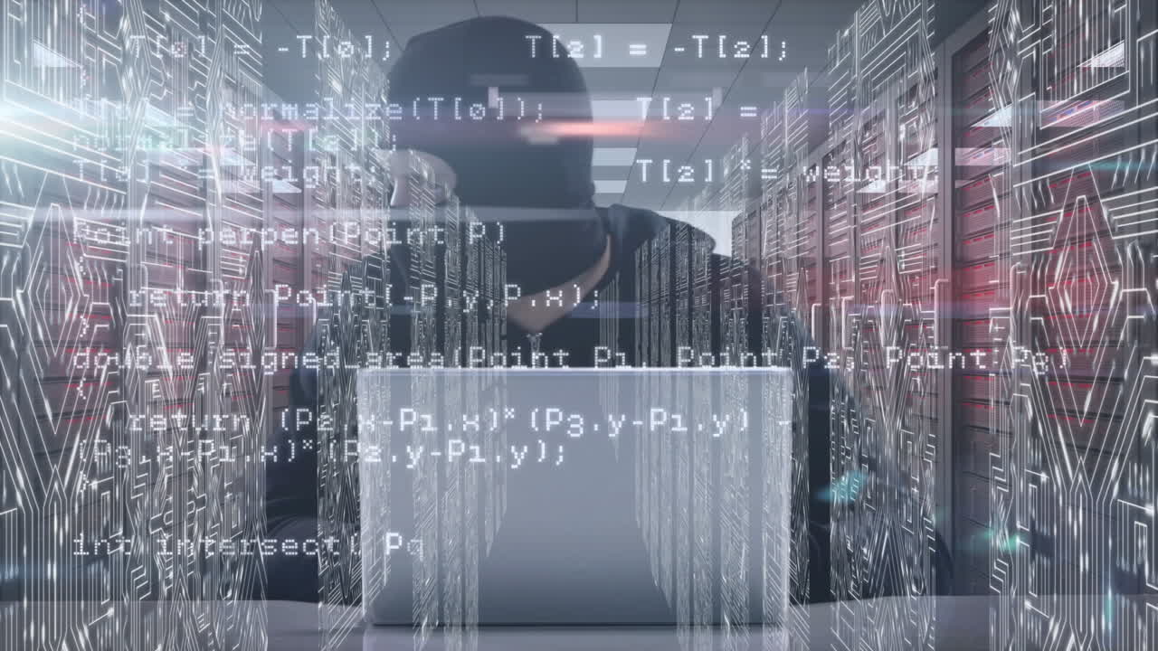 Animation of data with man with a mask hacking computers