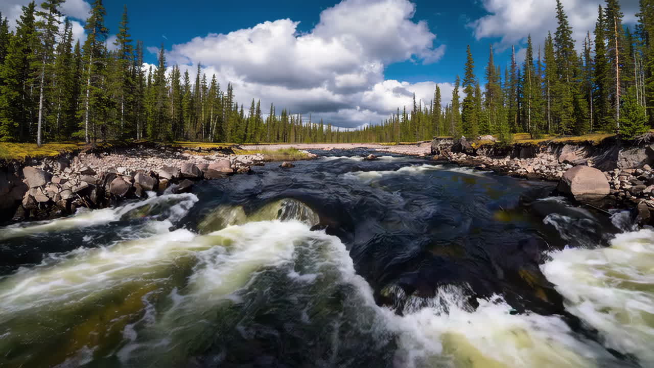 Fast-flowing river in a forest with rapids and lush greenery