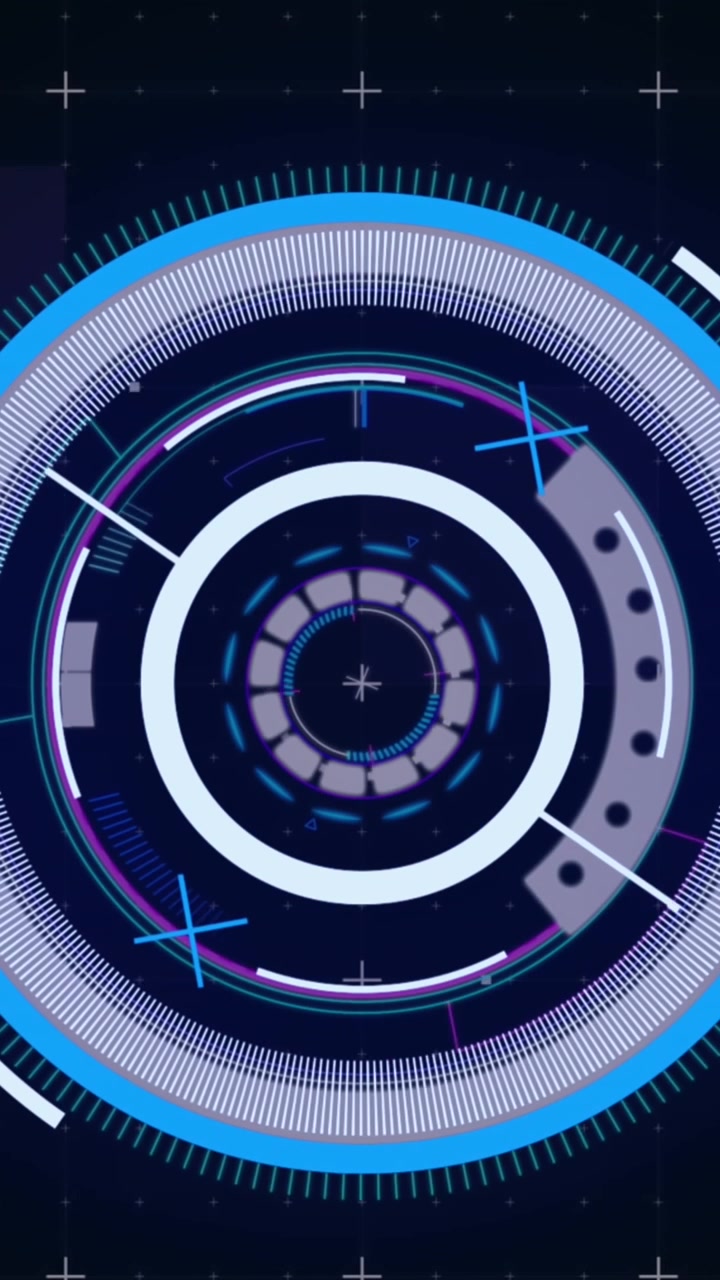 Animation of scope scanning over neon round scanner and data processing against black background