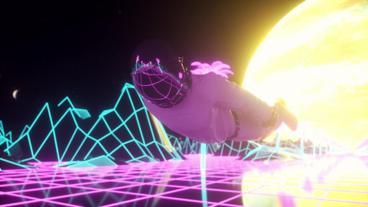 el astronauta corre rodeado de luces de neón intermitentes. concepto de música y club nocturno. fondo de onda sintética de estilo retro de los años 80