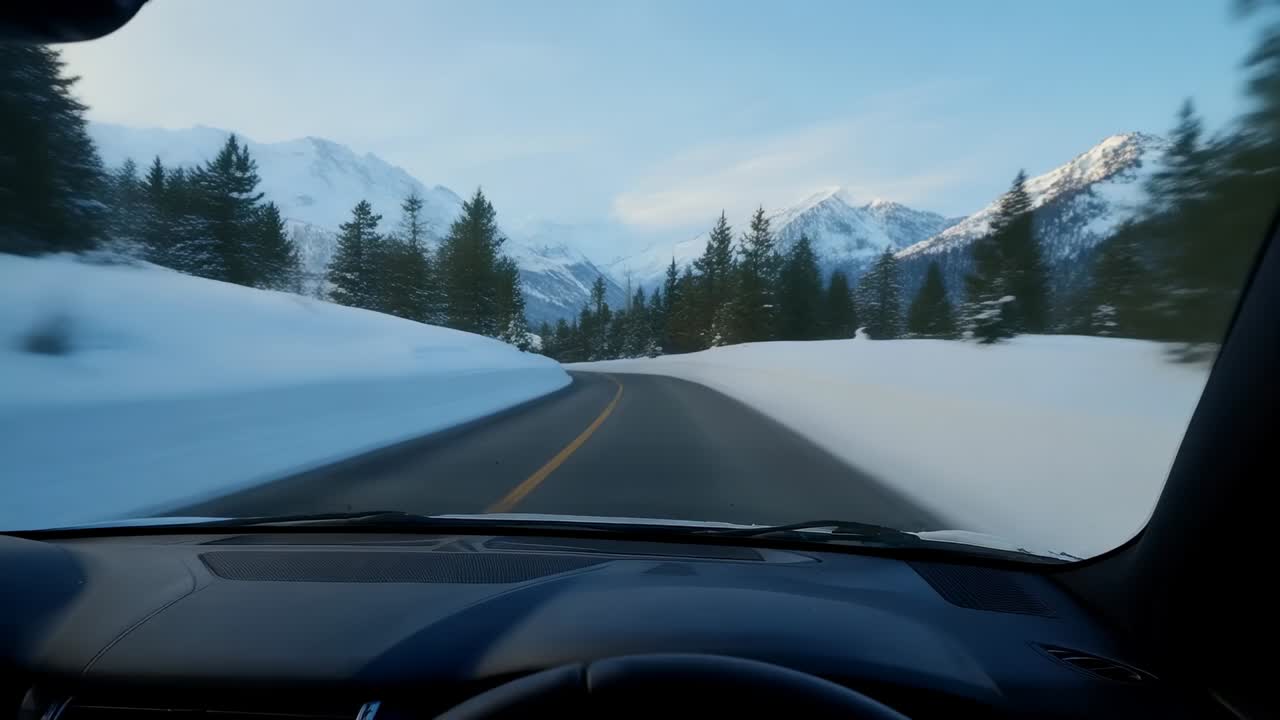 Curva in avvicinamento, auto in direzione della strada di montagna tramite il bordo del volante del parabrezza verso la base della montagna