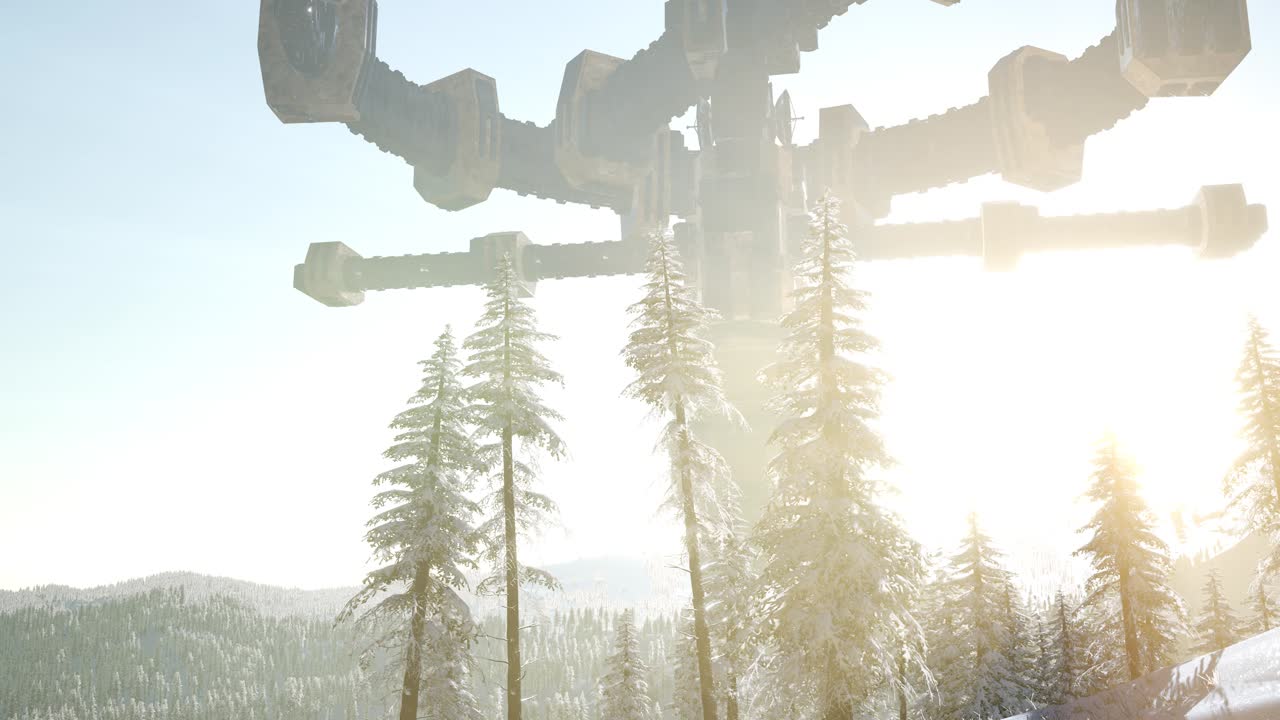 해가 지면서 숲 위를 떠다니는 ufo와 함께 빛의  ⁇