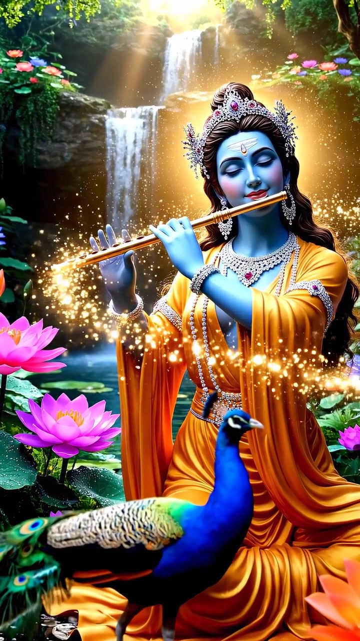 Senhor Krishna Tocando Flauta em um Cenário de Floresta Serena