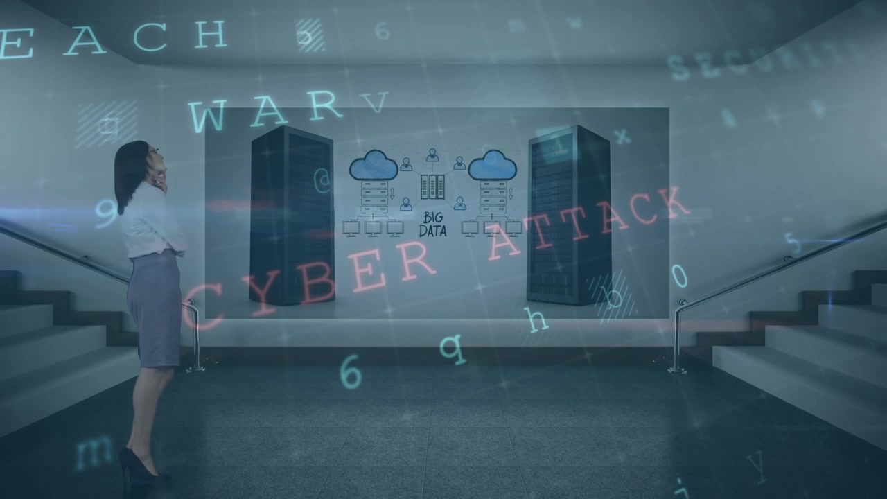 Animation af en cyberangrebsadvarsel over en kaukasisk forretningskvinde og servere.
