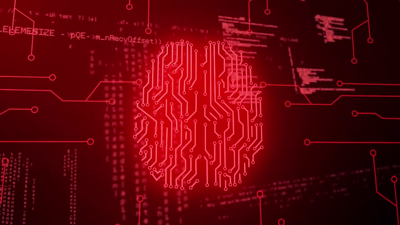 animación del cerebro biométrico, codificación binaria y procesamiento de datos.