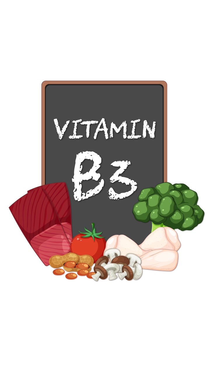 Alimenti sani ricchi di vitamina B3 appaiono intorno a un'etichetta a lavagna, sfondo bianco pulito, transizioni fluide