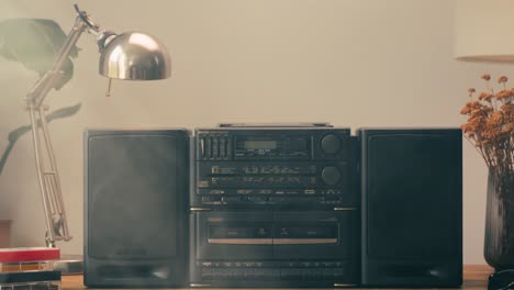 retro radio tape recorder, audio cassette close-up. listening to music, old radio boom box player, macro of vintage music listening. . high quality 4k footage