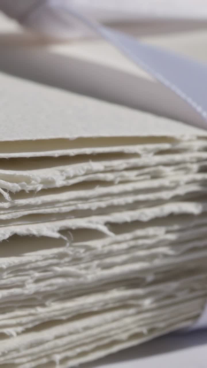 Vertical video: Pulling camera revealing deckle-edged paper stack on tabletop, emphasizing ribbon