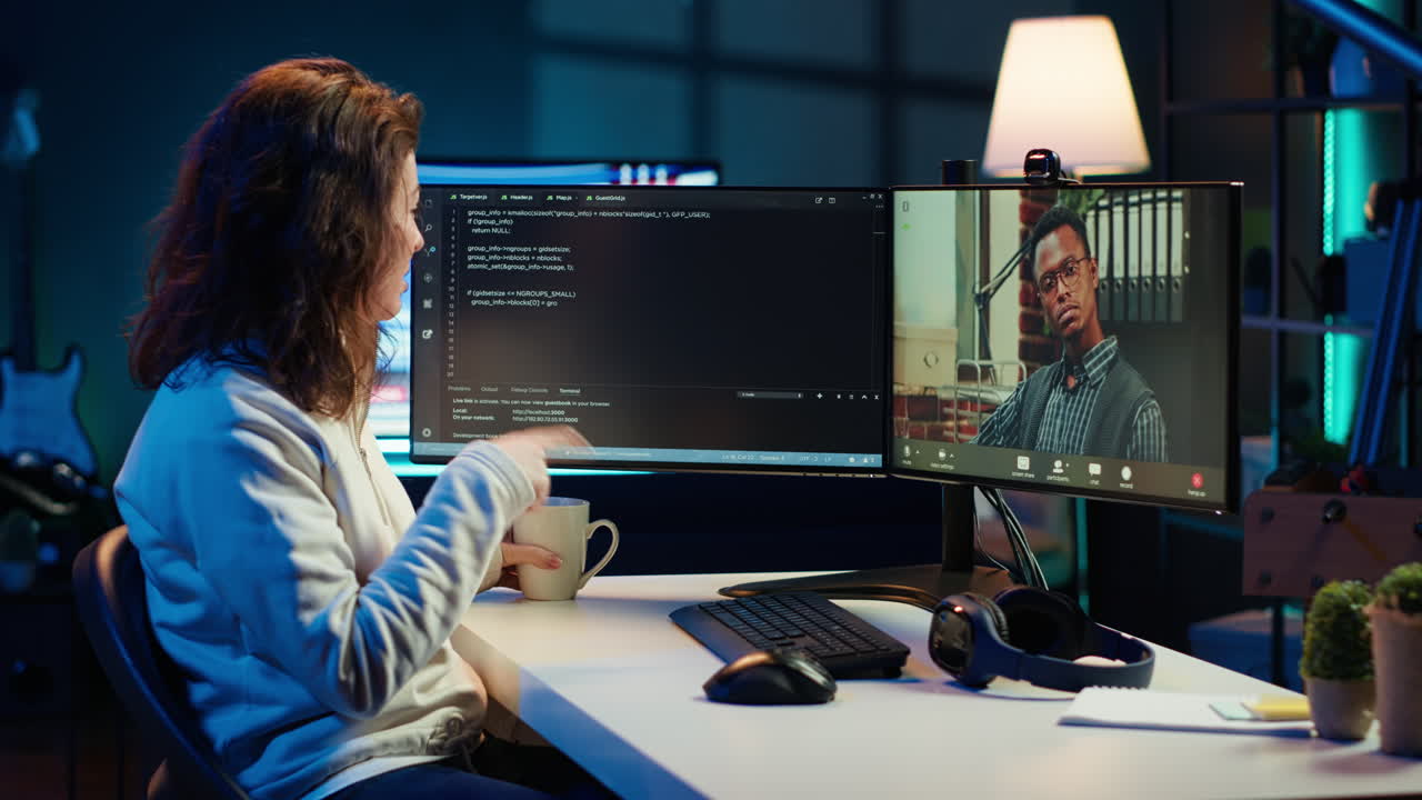 IT master teaching apprentice in webinar how to write code