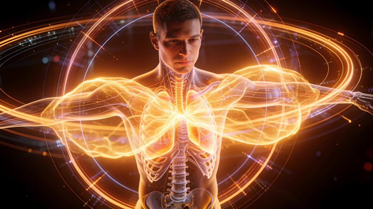 Spinning HUD rings driving male model pulsing lungs, lighting ribs, sending arm bands for education