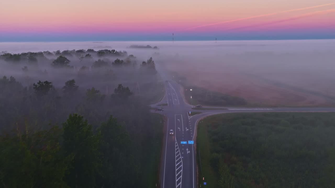 Cars drive along a misty forest road at sunrise with pastel skies and low-lying fog