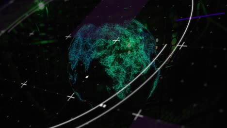 Animation-of-circles-over-illuminated-globe-against-black-background