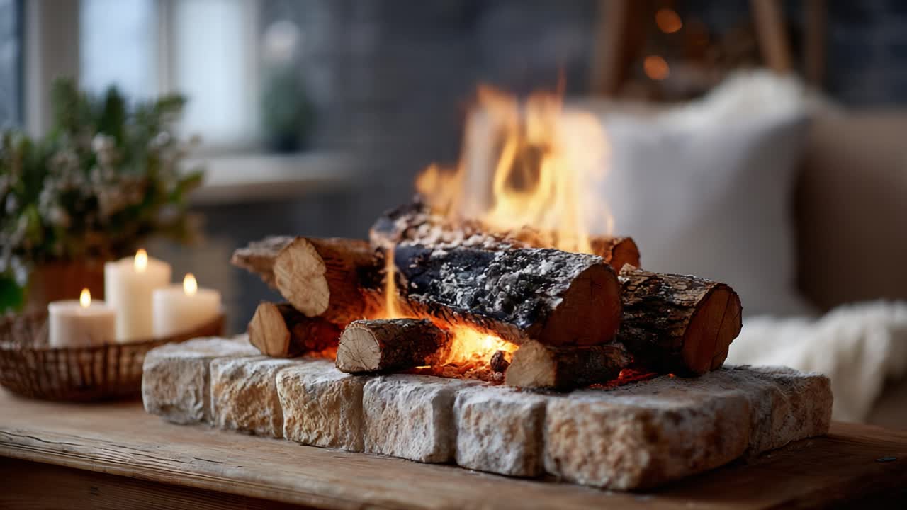 Cozy Indoor Fire Scene with Logs Burning Brightly, Surrounded by Candles and Soft Decor, Inviting Warmth and Comfort to the Living Space