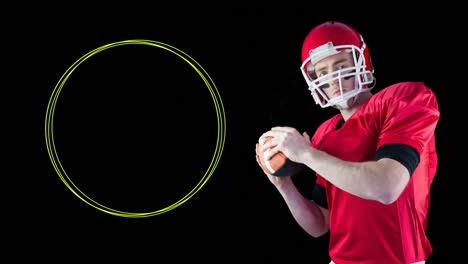 Animation-of-caucasian-american-football-player-with-copy-space-over-neon-circle-lights