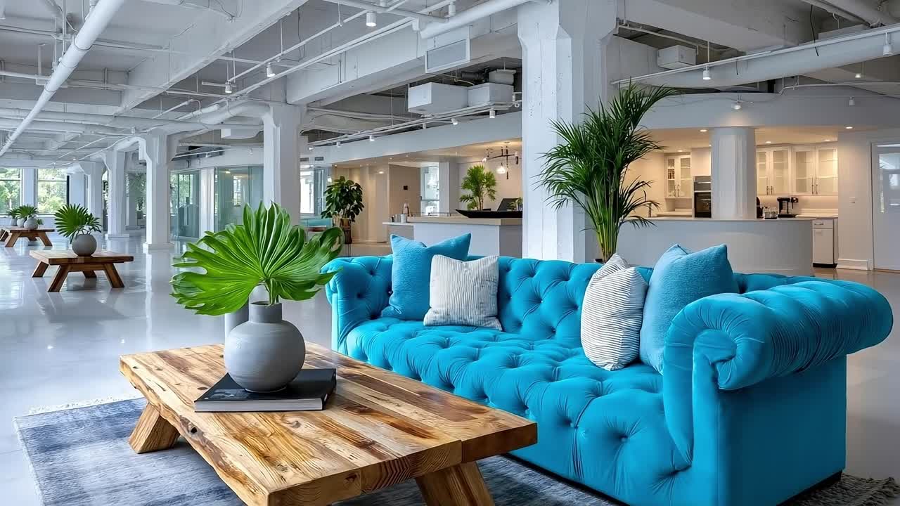 A blue couch sitting in a living room next to a wooden table