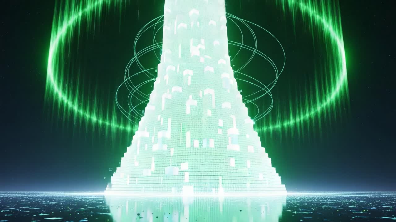 A Dynamic Digital Structure Evolving from a Colorful Tower into a Sleek Green Form Surrounded by Ethereal Light Effects