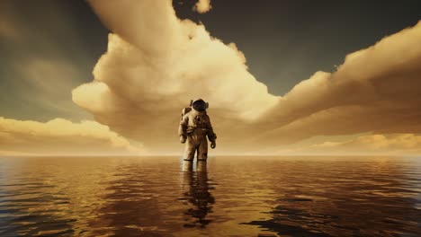 spaceman in the sea under clouds at sunset