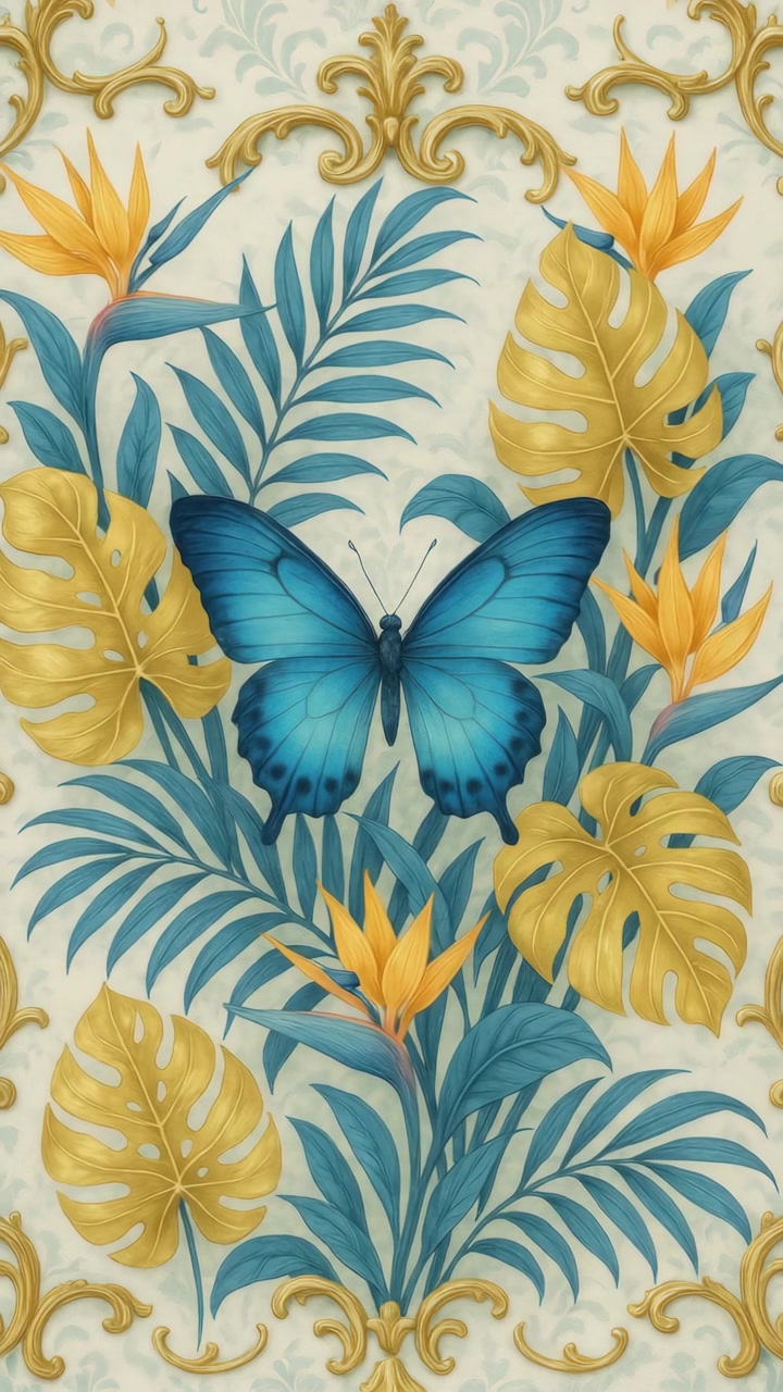 Elegant Blue Butterfly Amidst Golden Tropical Foliage and Flowers