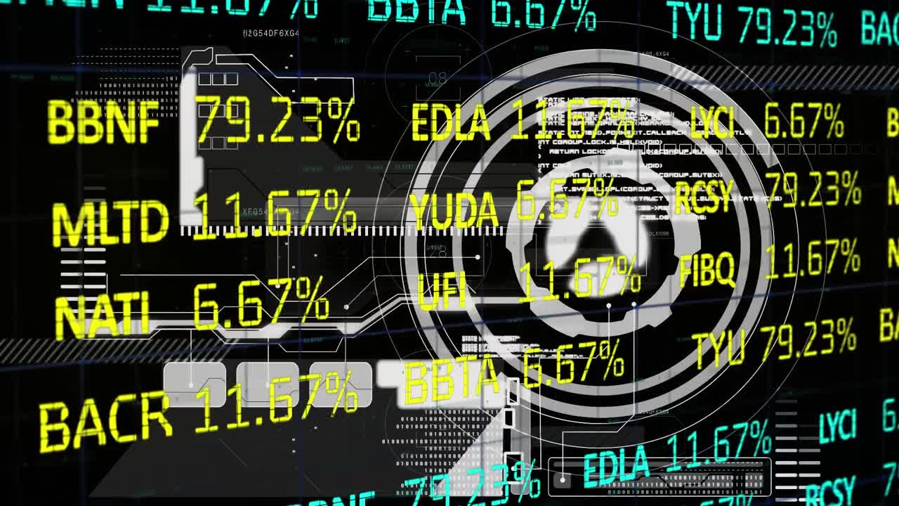 animación de la interfaz de las existencias financieras, en un ámbito circular de rotación y procesamiento de datos