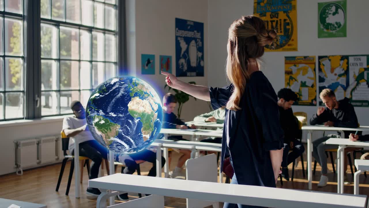 Teacher Presenting a Virtual Earth in Classroom