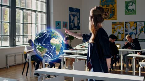 teacher presenting a virtual earth in classroom