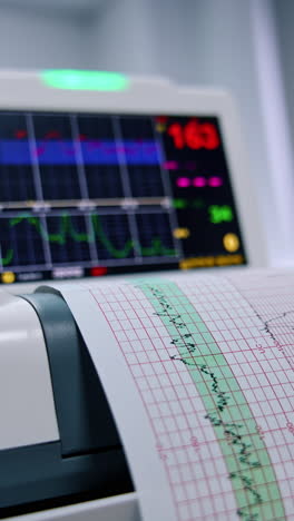 machine for electronic cardiogram printing paper report. close up. heart examination for the pregnant woman. vertical video