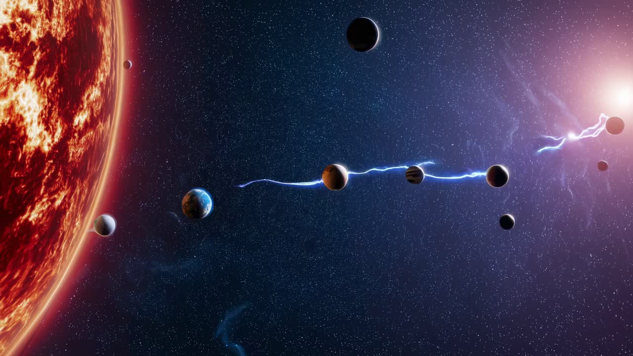 A cosmic video scene with a side angle view of planets aligned in space, showcasing a vibrant sun