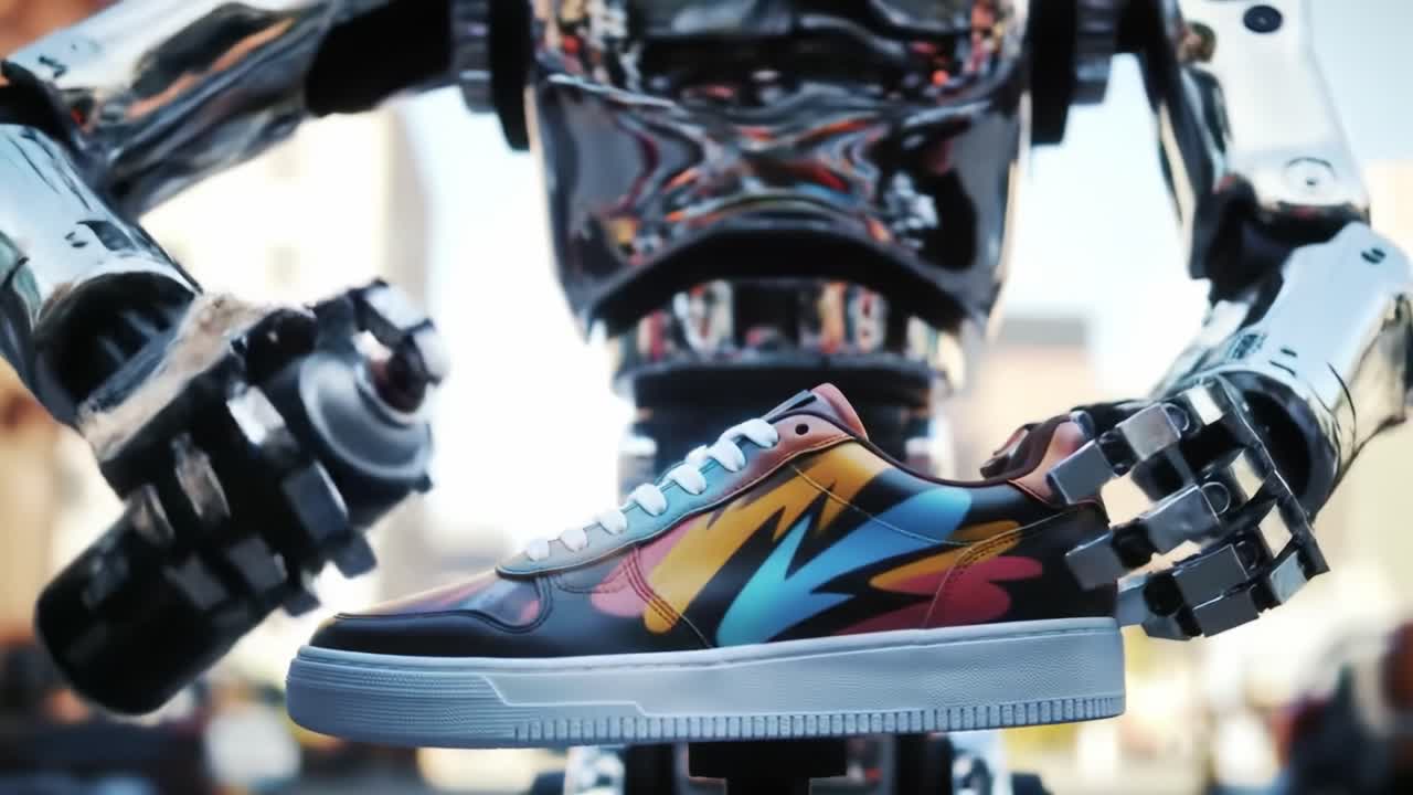 Futuristic Sneaker Showcase: A Robotic Hand Presents a Colorful Urban Shoe with Vibrant Patterns and Sleek Design, Merging Technology with Fashion in a Stunning Display