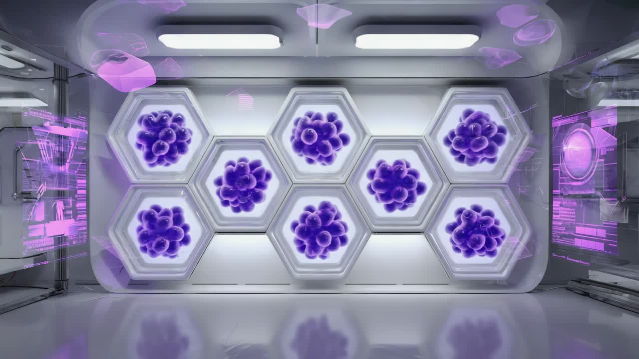 Futuristic Laboratory with Purple Cellular Structures in Hexagonal Displays
