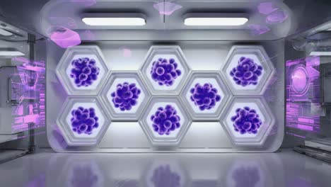 futuristic laboratory with purple cellular structures in hexagonal displays