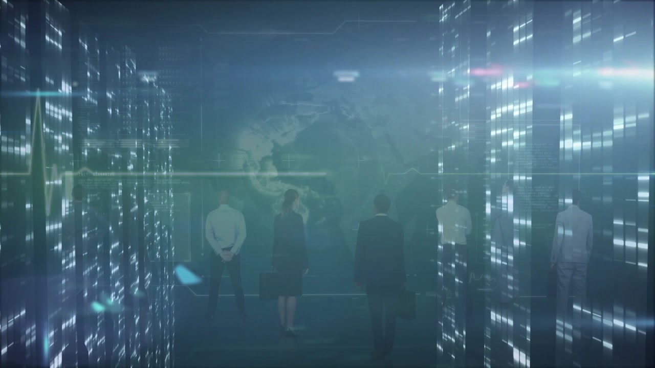 Yellow-green pulse scanning world map guiding seven executives into corridor monitoring heartbeat