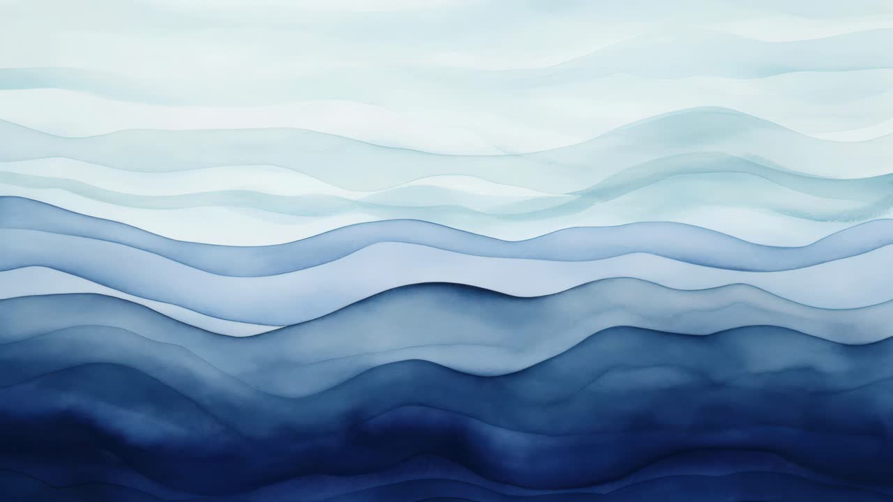 Onde astratte ad acquerello nei toni del blu, viste da un angolo dall'alto, che creano un'atmosfera serena