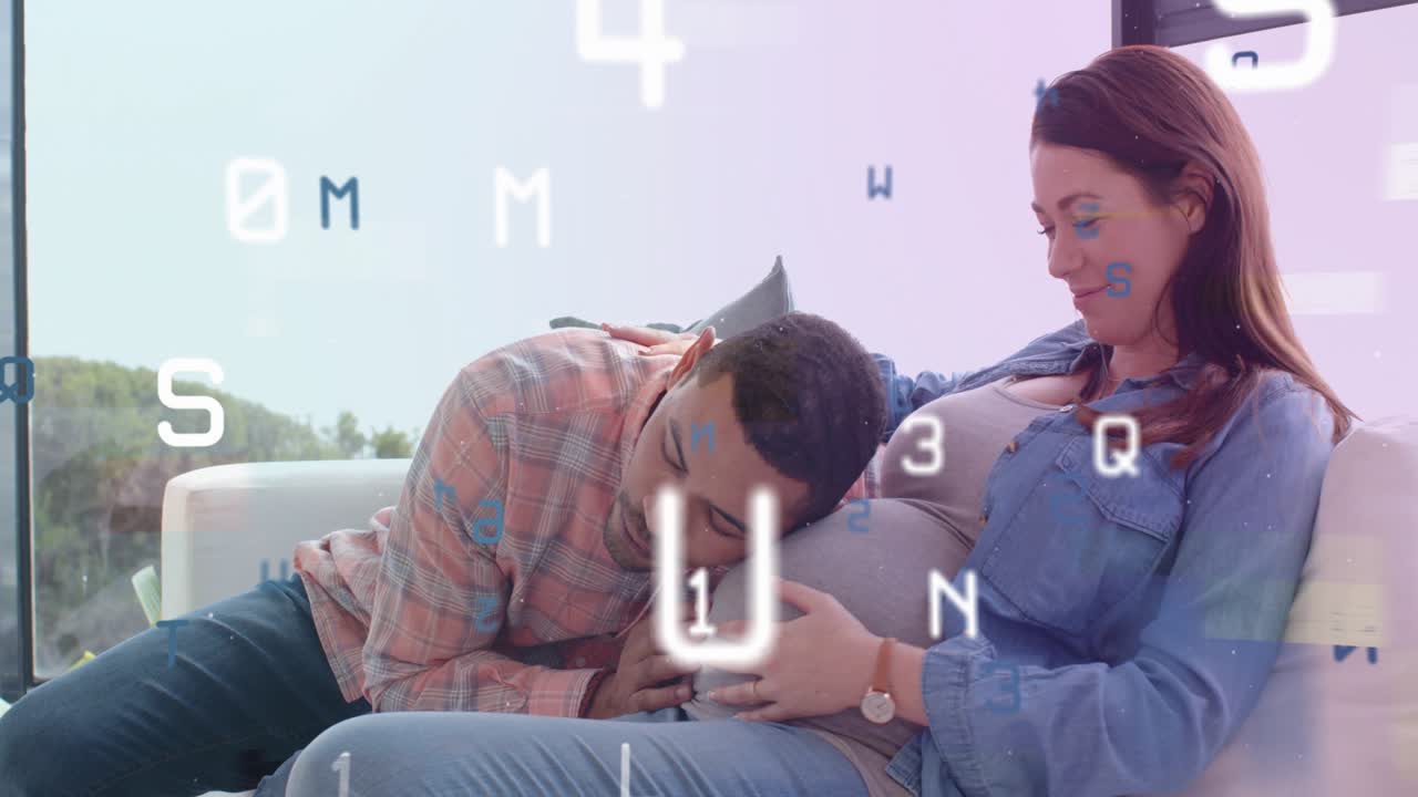 Pregnant woman cradling bump while man feeling kick and nuzzling, showing parenting alphanumerics