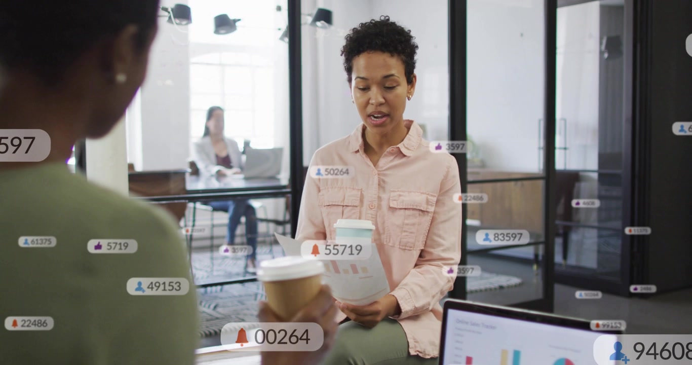 Colleague offering cup, presenter reading business charts and accepting while overlays rising