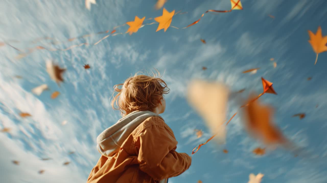 A Child's Joyful Adventure as Kites Soar and Leaves Dance in the Sky During a Breezy Autumn Day, Capturing the Essence of Freedom and Playfulness