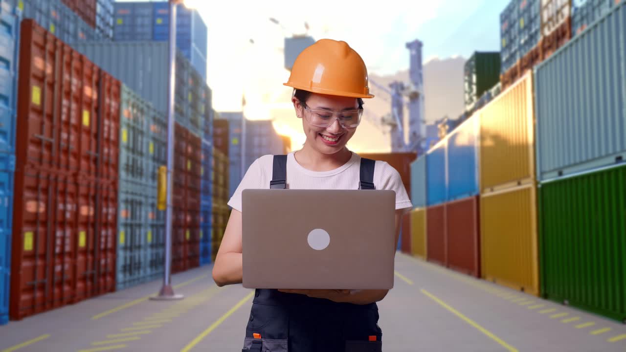 trabajadora asiática con gafas de protección y casco de seguridad usando una computadora portátil mientras está de pie en un almacén de contenedores